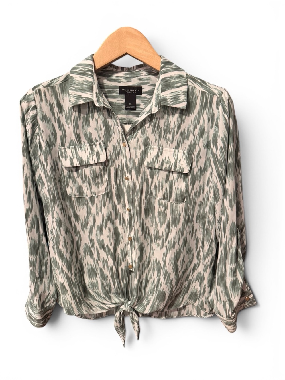 Investments Petites Ikat Print Tie-Front Button Down Blouse Size Petite Large